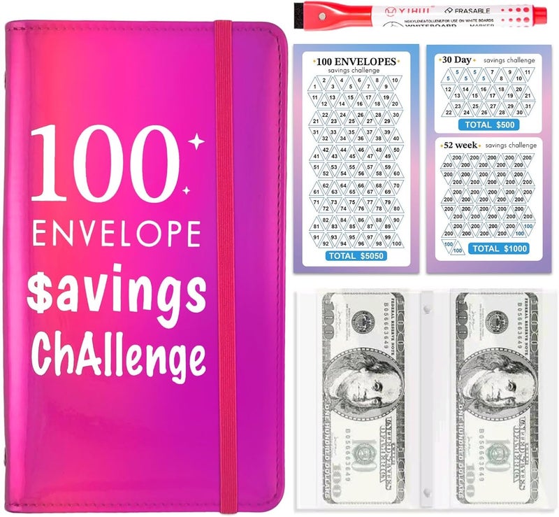 gusutide 100 Envelope Money Savings Challenge Binder, Money Saving Binder with Cash Envelopes, from 30 Days to 52 Weeks, to Save $500,$5,050 and $10,000, back to school supplies,gift for children (fuchsia rose-A6) - Image 1